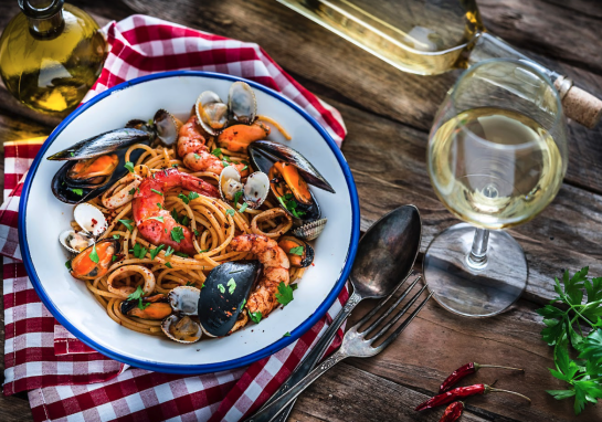 A bowl of seafood pasta from 1212 Santa Monica