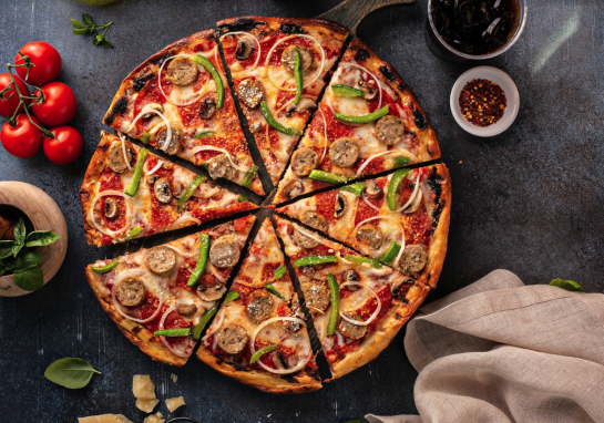 A sliced sausage pizza from Bruno's Italian Restaurant, Santa Monica