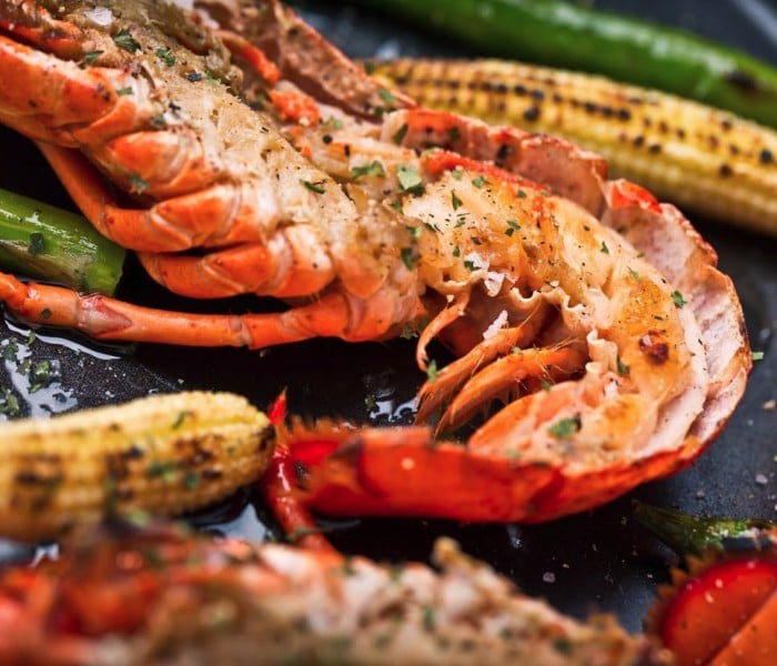 A lobster tails and veggies from The Lobster, Santa Monica