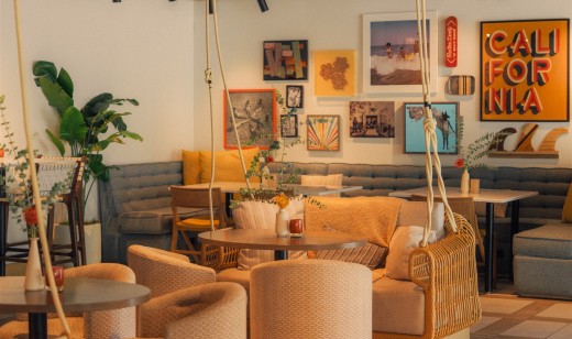 Hanging chairs, SoCal decor and ocean-inspired interior design at The Surfing Fox