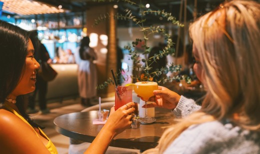 Two girls cheering with cocktails in hand