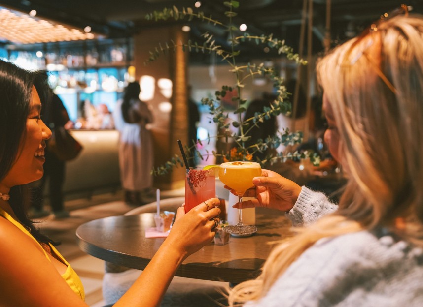 Two girls cheering with cocktails in hand