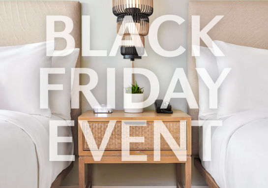 Twin beds with a nightstand; bold overlay reads 'BLACK FRIDAY EVENT' advertising a limited-time sale from The Pierside.